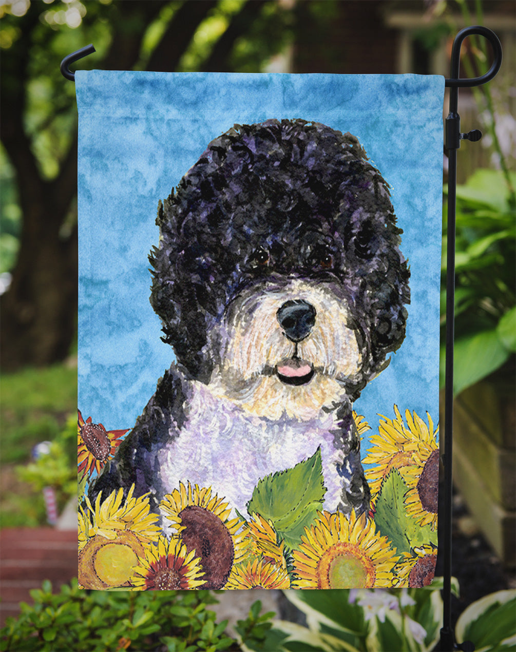 Portuguese Water Dog in Summer Flowers Garden Flag Mailbox Decorative Yard Banner Outside Patio Artwork for Flower Beds, Garden Size, Multicolor
