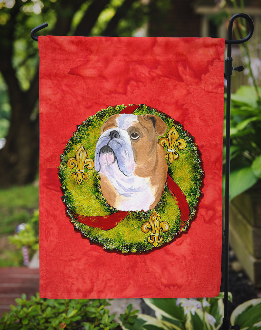 Bulldog English Cristmas Wreath Garden Flag Mailbox Decorative Yard Banner Outside Patio Artwork for Flower Beds, Garden Size, Multicolor