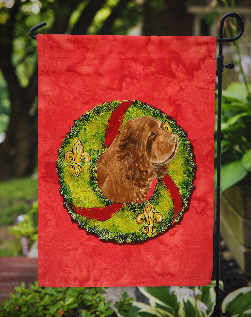 Sussex Spaniel Cristmas Wreath Garden Flag Mailbox Decorative Yard Banner Outside Patio Artwork for Flower Beds, Garden Size, Multicolor