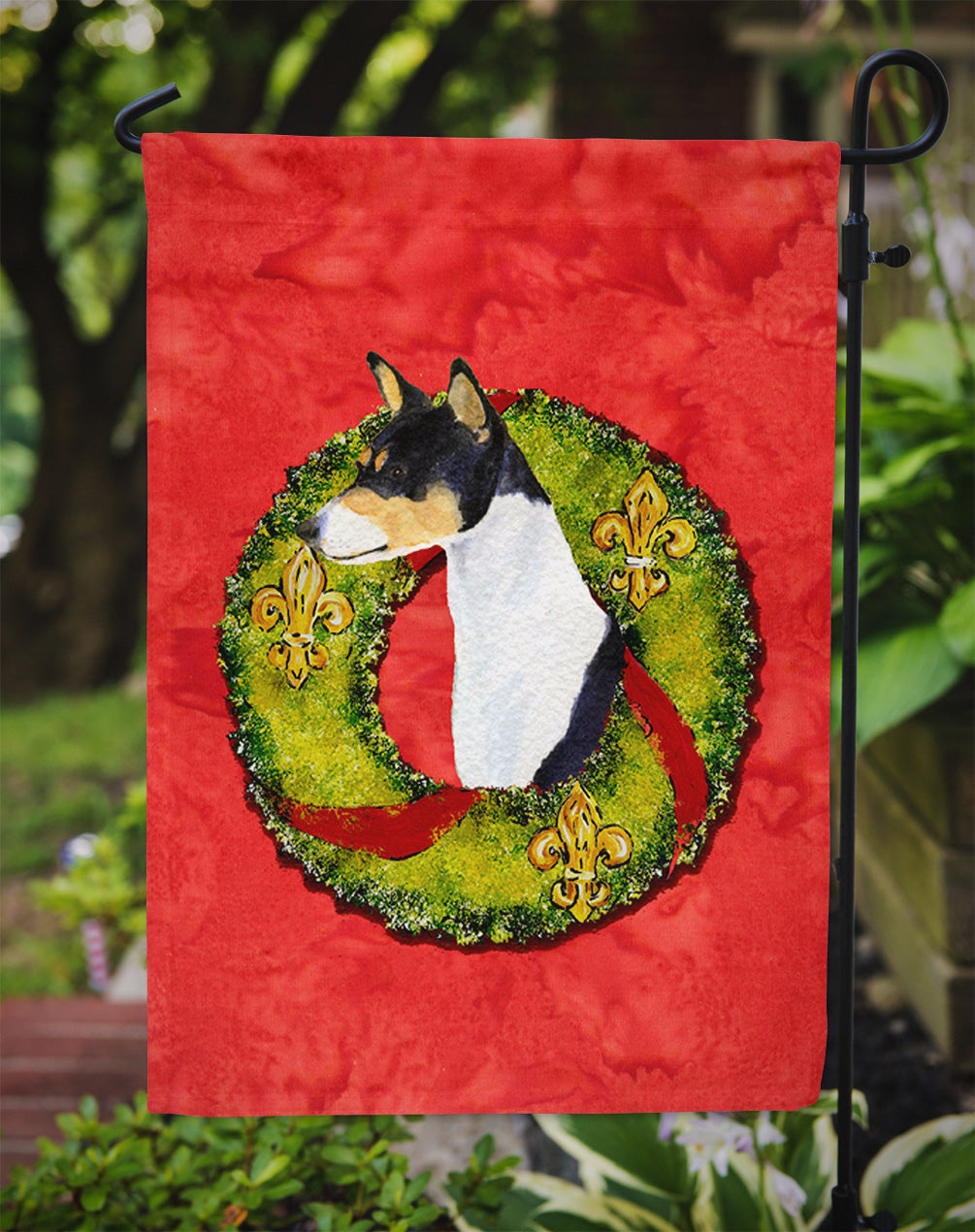 Basenji Cristmas Wreath Garden Flag Mailbox Decorative Yard Banner Outside Patio Artwork for Flower Beds, Garden Size, Multicolor