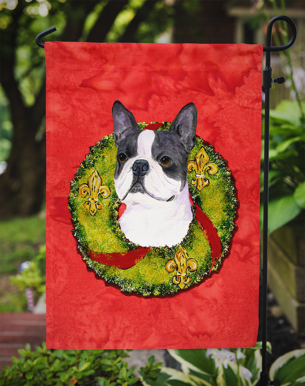 Boston Terrier Cristmas Wreath Garden Flag Mailbox Decorative Yard Banner Outside Patio Artwork for Flower Beds, Garden Size, Multicolor