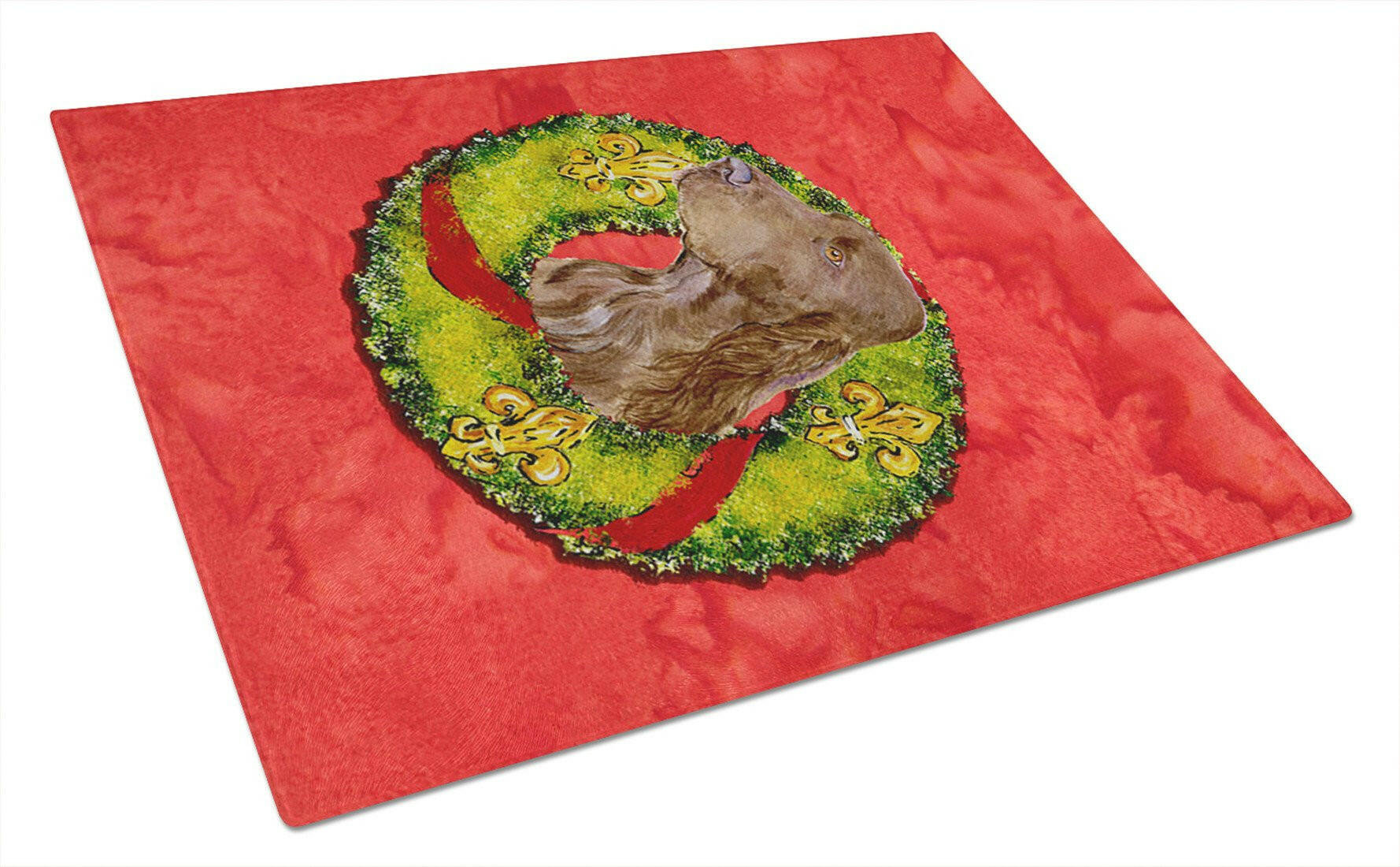 Field Spaniel Cristmas Wreath Cutting Board Tempered Glass Kitchen Cutting Surface, Heat Resistant Chopping, Non-Slip Feet, Food Prep & Serving