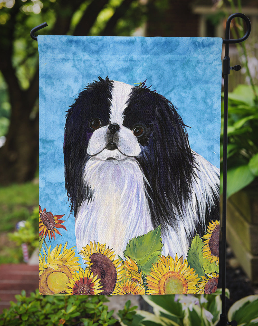 Japanese Chin in Summer Flowers Garden Flag Mailbox Decorative Yard Banner Outside Patio Artwork for Flower Beds, Garden Size, Multicolor