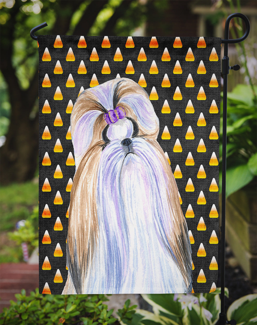 Shih Tzu Candy Corn Halloween Portrait Garden Flag Mailbox Decorative Yard Banner Outside Patio Artwork for Flower Beds, Garden Size, Multicolor