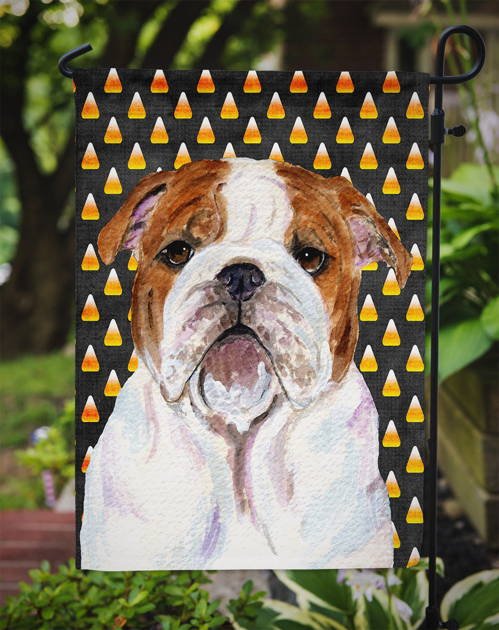 Bulldog English Candy Corn Halloween Portrait Garden Flag Mailbox Decorative Yard Banner Outside Patio Artwork for Flower Beds, Garden Size, Multicolor