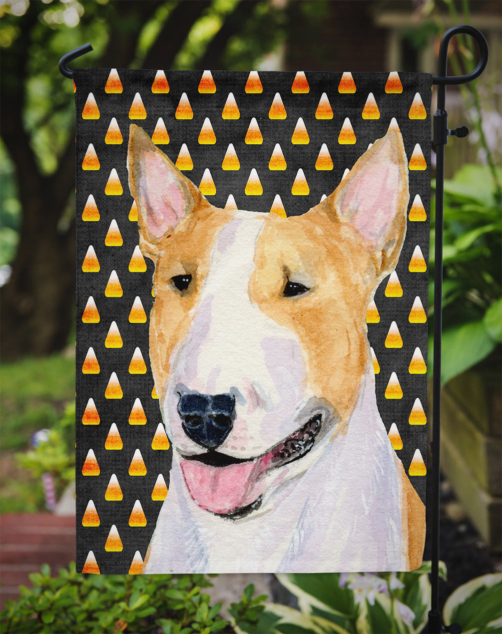Bull Terrier Candy Corn Halloween Portrait Garden Flag Mailbox Decorative Yard Banner Outside Patio Artwork for Flower Beds, Garden Size, Multicolor