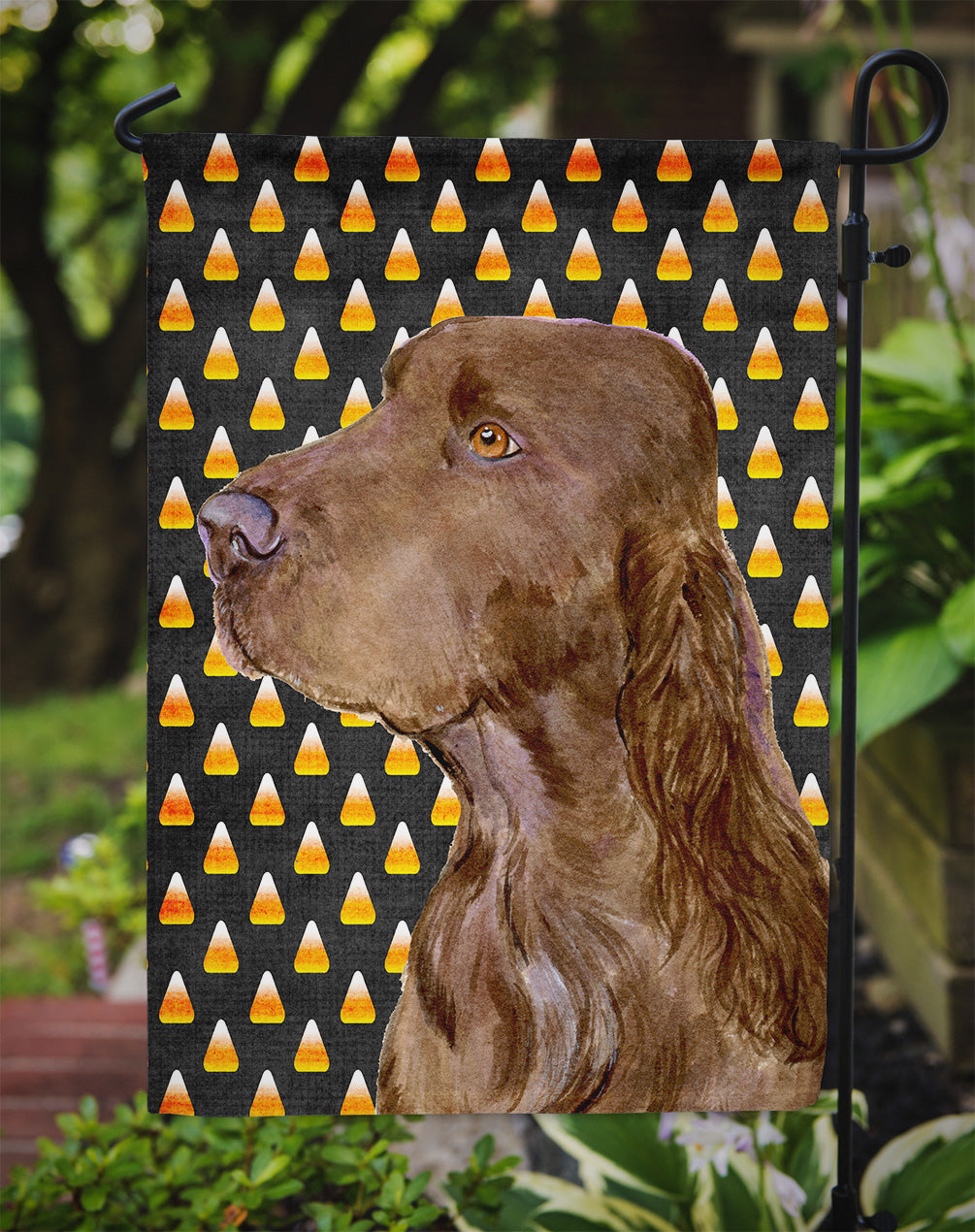 Field Spaniel Candy Corn Halloween Portrait Garden Flag Mailbox Decorative Yard Banner Outside Patio Artwork for Flower Beds, Garden Size, Multicolor