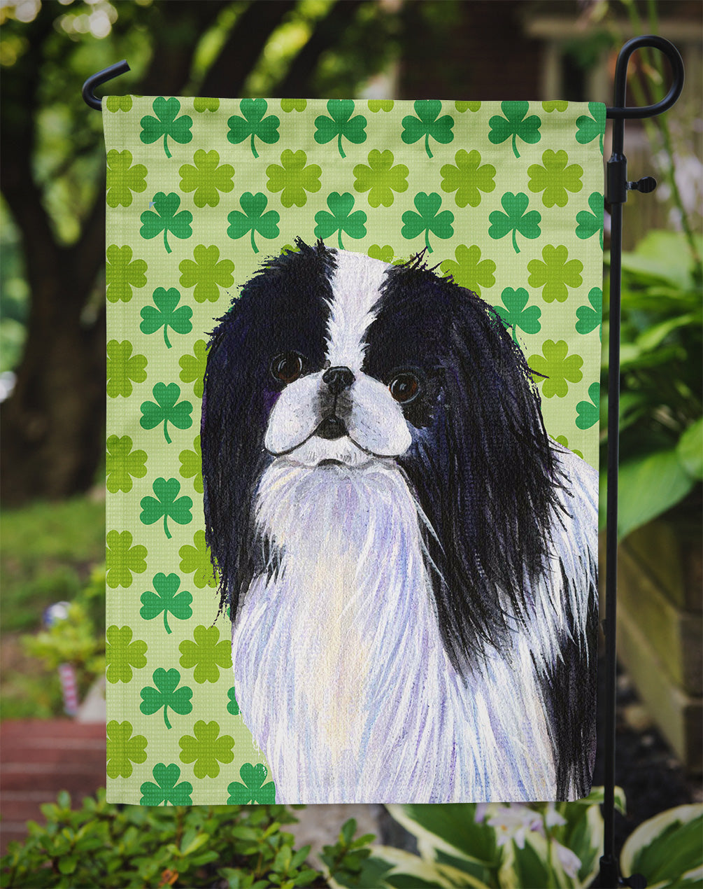 Japanese Chin St. Patrick's Day Shamrock Portrait Garden Flag Mailbox Decorative Yard Banner Outside Patio Artwork for Flower Beds, Garden Size, Multicolor