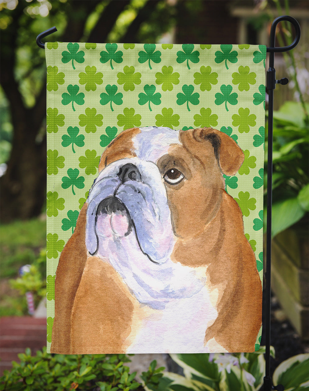 Bulldog English St. Patrick's Day Shamrock Portrait Garden Flag Mailbox Decorative Yard Banner Outside Patio Artwork for Flower Beds, Garden Size, Multicolor
