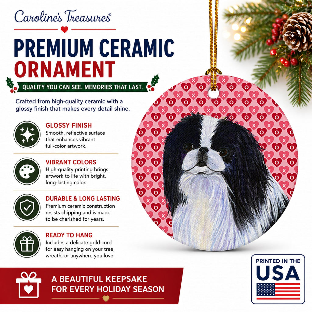 Japanese Chin Hearts Love and Valentine's Day Portrait Ceramic Ornament Christmas Tree Hanging Decorations for Home Christmas Holiday, Party, Gift, 3 in, Multicolor