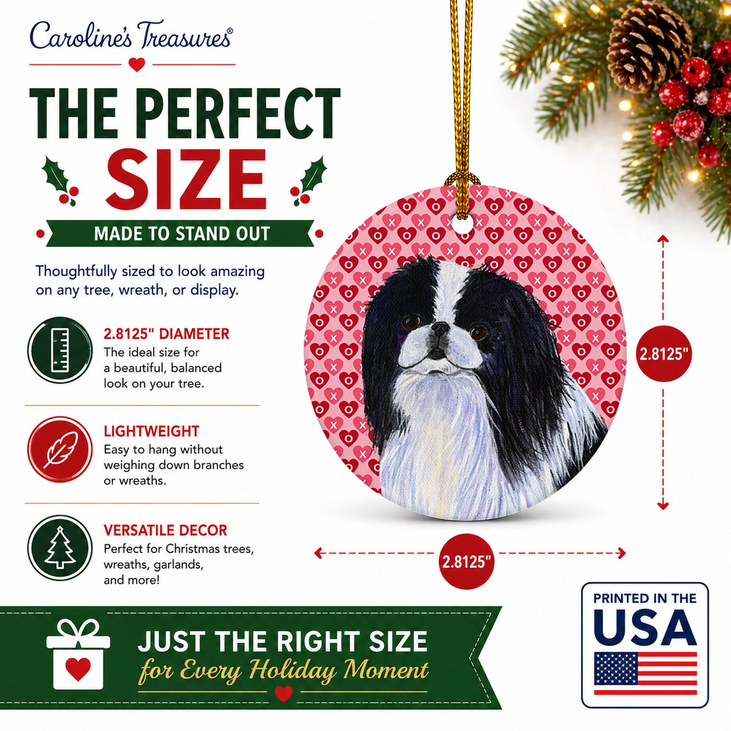 Japanese Chin Hearts Love and Valentine's Day Portrait Ceramic Ornament Christmas Tree Hanging Decorations for Home Christmas Holiday, Party, Gift, 3 in, Multicolor