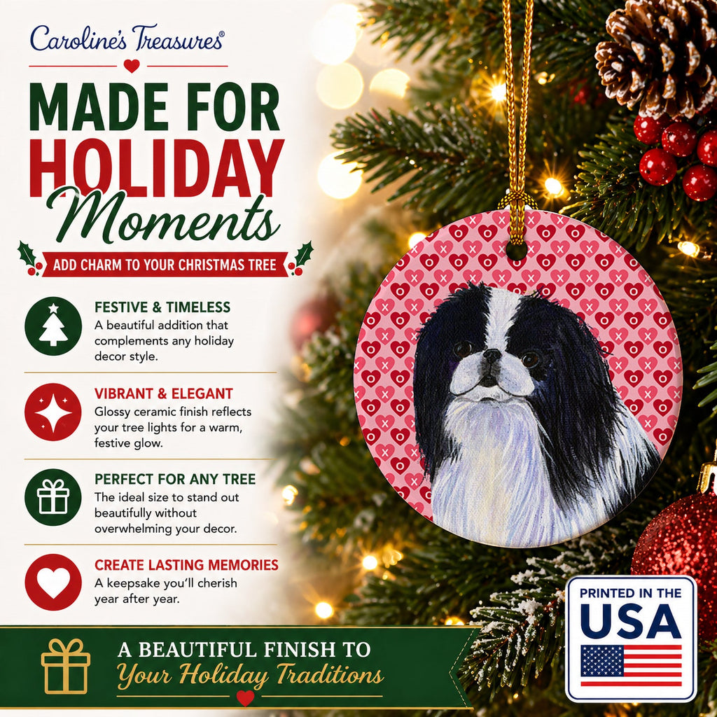Japanese Chin Hearts Love and Valentine's Day Portrait Ceramic Ornament Christmas Tree Hanging Decorations for Home Christmas Holiday, Party, Gift, 3 in, Multicolor