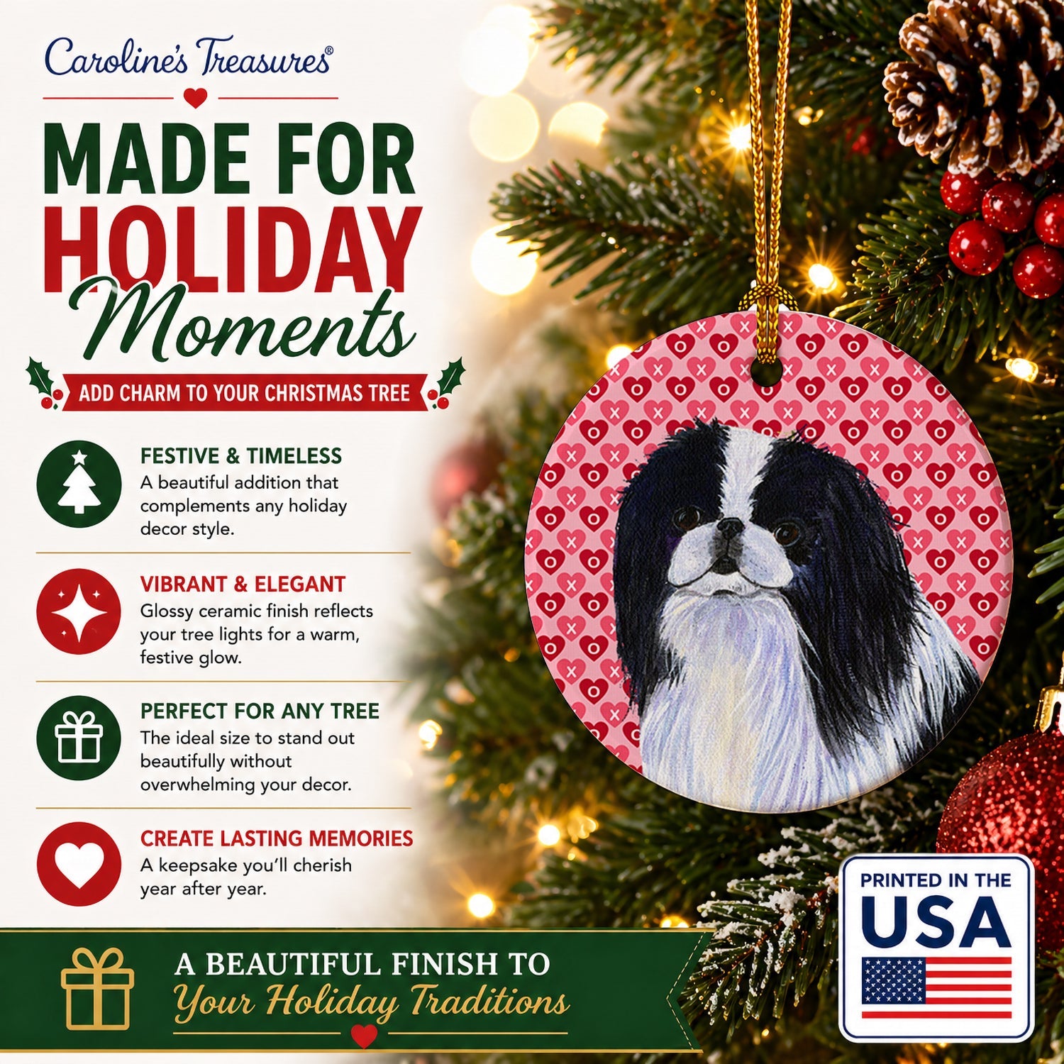 Japanese Chin Hearts Love and Valentine's Day Portrait Ceramic Ornament Christmas Tree Hanging Decorations for Home Christmas Holiday, Party, Gift, 3 in, Multicolor