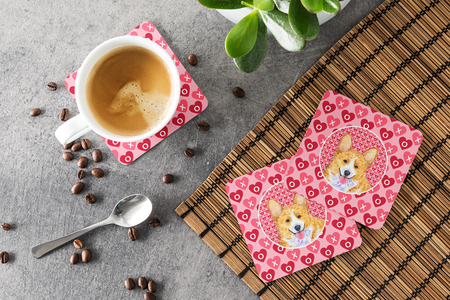 Corgi Hearts Love and Valentine's Day Portrait Foam Coasters Set of 4 Cup Coasters for Indoor Outdoor, Tabletop Protection, Anti Slip, Mouse pad Material