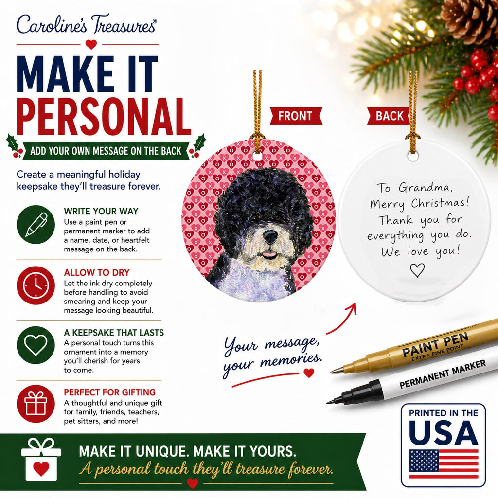 Portuguese Water Dog Hearts Love Valentine's Day Ceramic Ornament Christmas Tree Hanging Decorations for Home Christmas Holiday, Party, Gift, 3 in, Multicolor