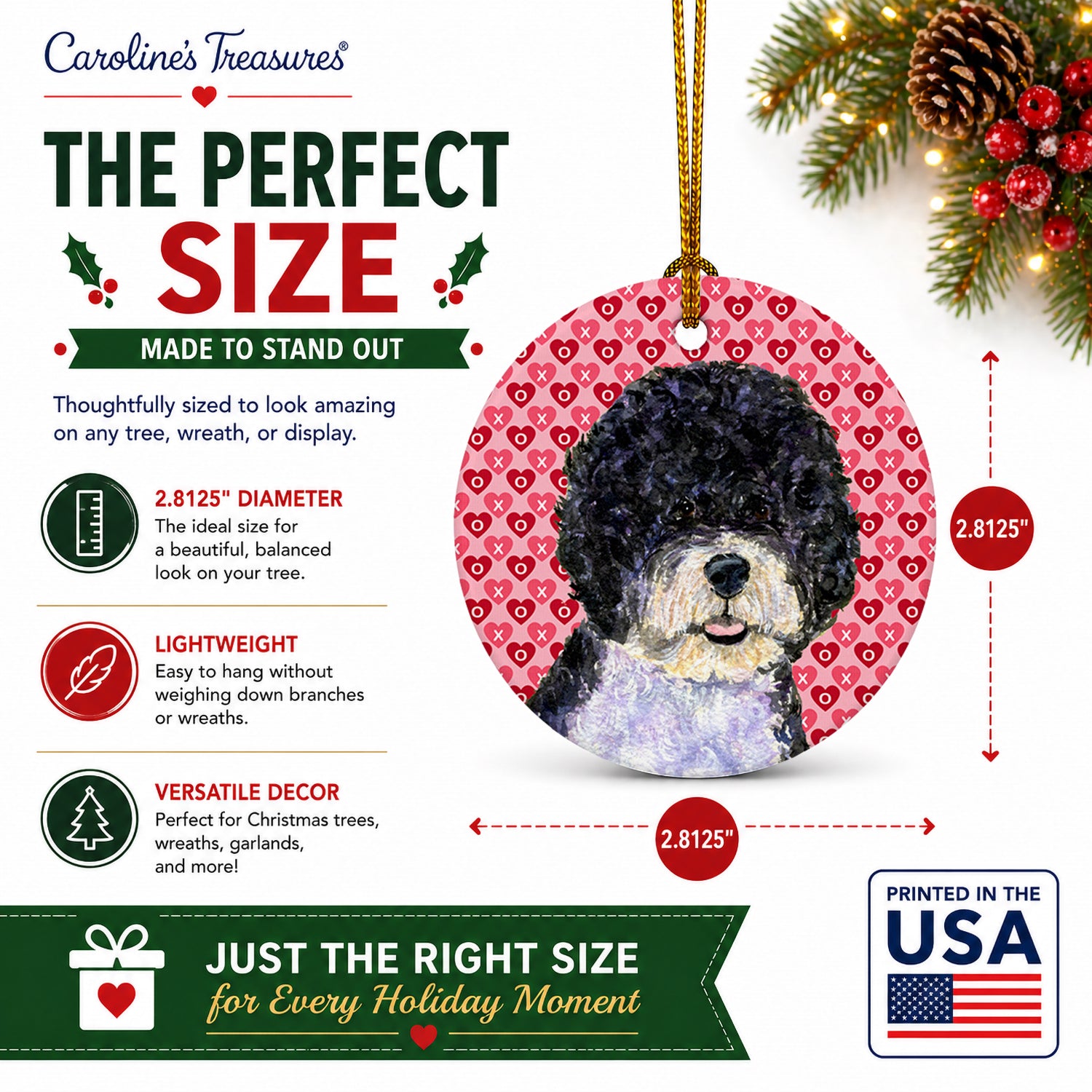 Portuguese Water Dog Hearts Love Valentine's Day Ceramic Ornament Christmas Tree Hanging Decorations for Home Christmas Holiday, Party, Gift, 3 in, Multicolor