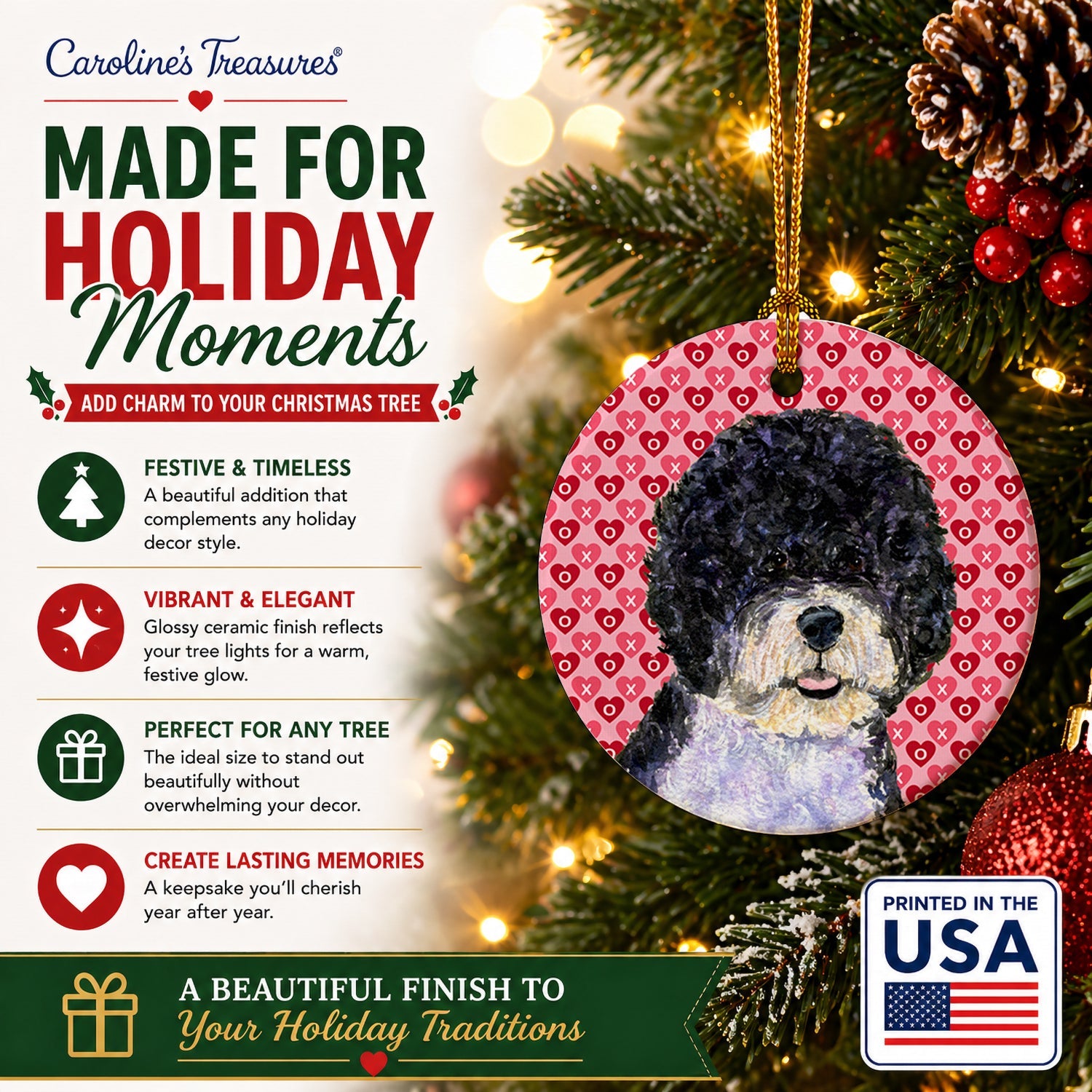 Portuguese Water Dog Hearts Love Valentine's Day Ceramic Ornament Christmas Tree Hanging Decorations for Home Christmas Holiday, Party, Gift, 3 in, Multicolor