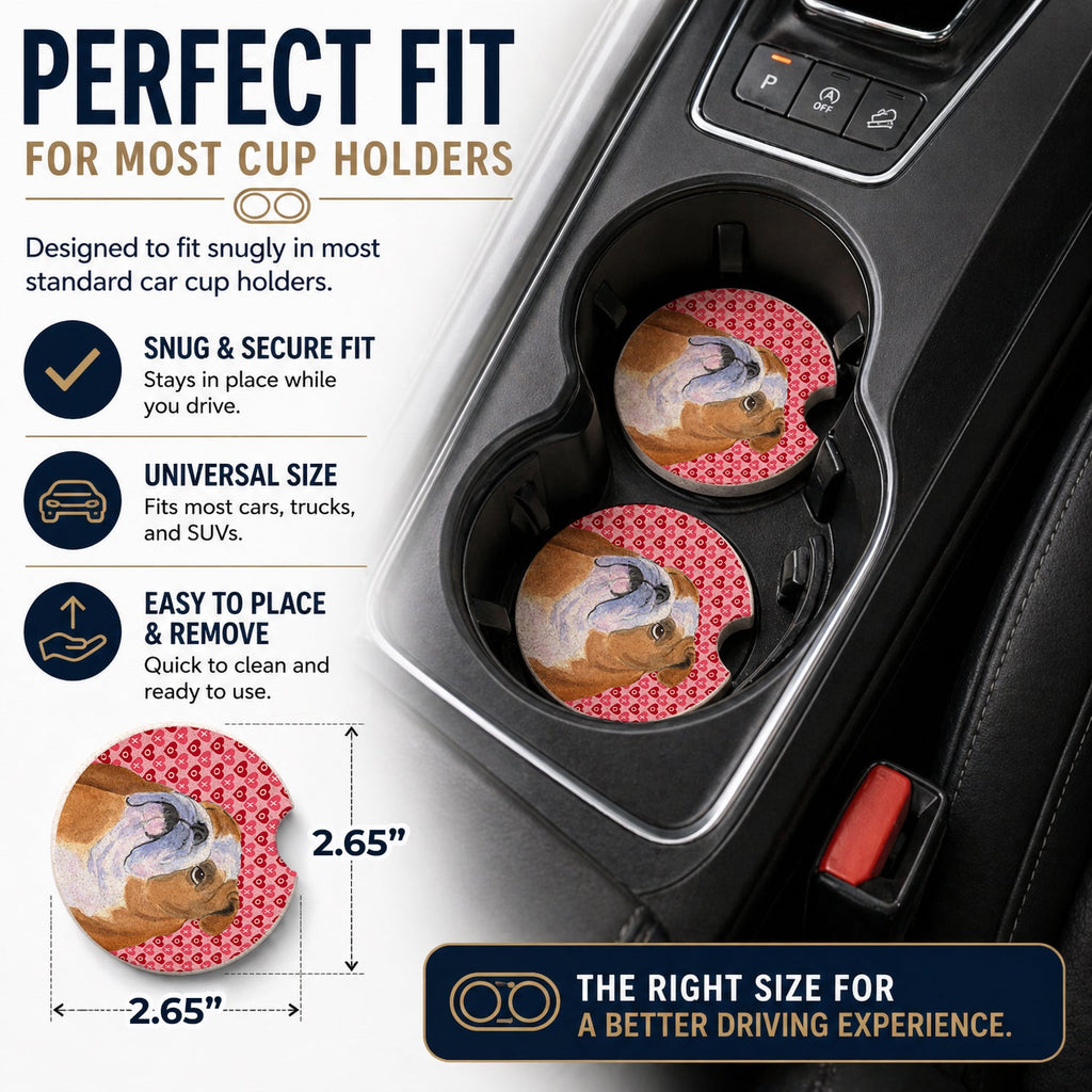 Bulldog English Hearts Love Valentine's Day Set of 2 Cup Holder Car Coasters Absorbent Round Sandstone Coasters Gifts for Men or Women, 2.5, Multicolor