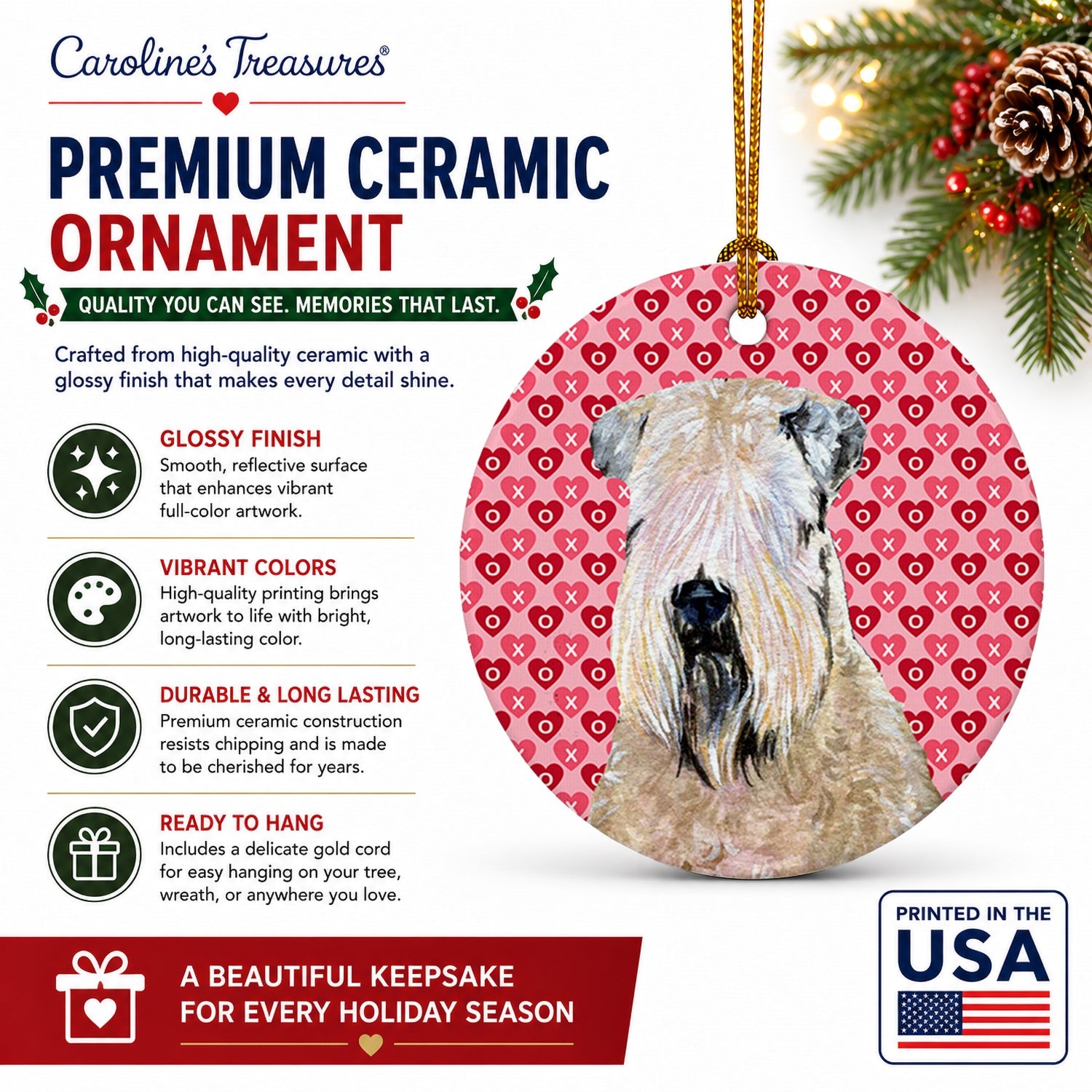 Wheaten Terrier Soft Coated Hearts Love Valentine's Ceramic Ornament Christmas Tree Hanging Decorations for Home Christmas Holiday, Party, Gift, 3 in, Multicolor
