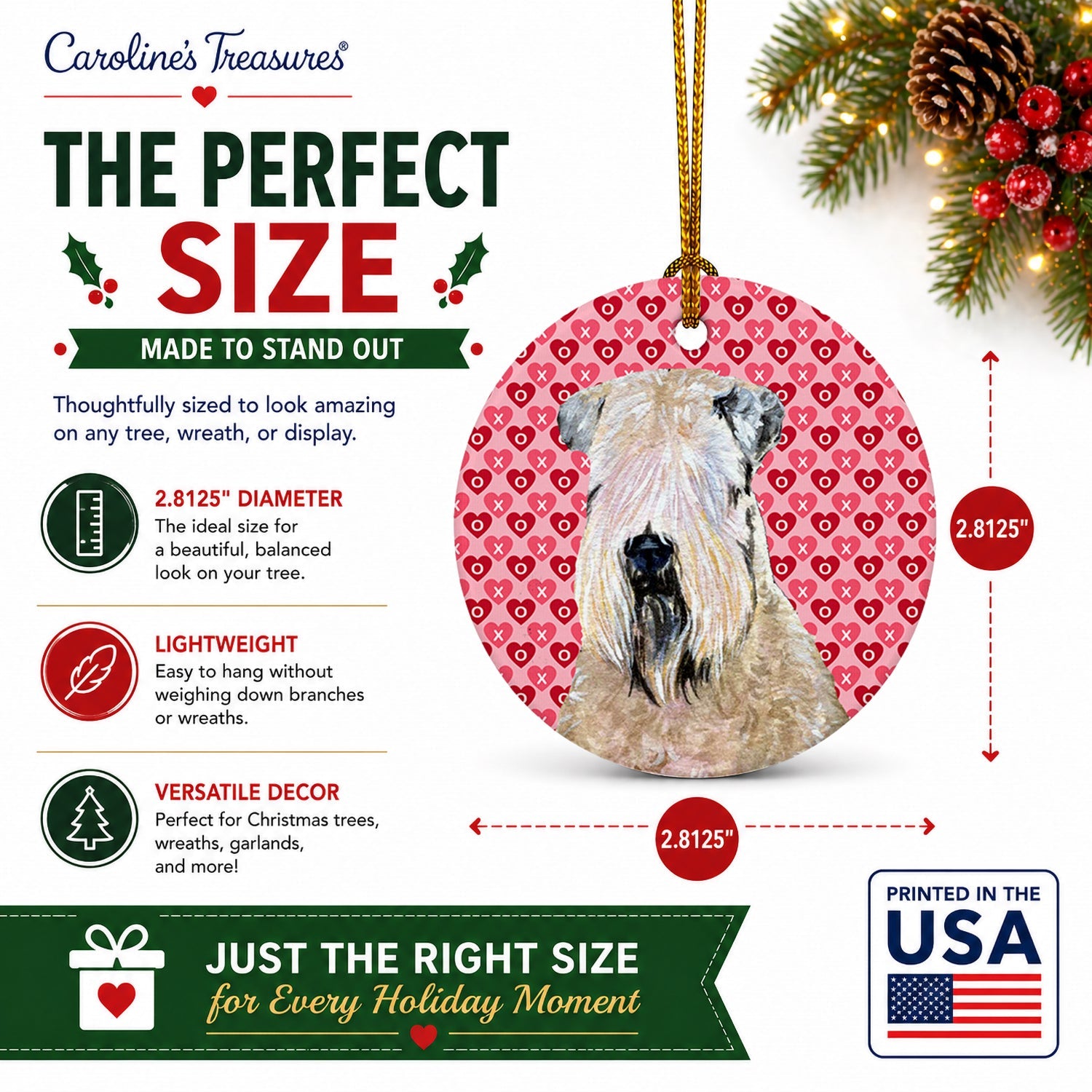 Wheaten Terrier Soft Coated Hearts Love Valentine's Ceramic Ornament Christmas Tree Hanging Decorations for Home Christmas Holiday, Party, Gift, 3 in, Multicolor