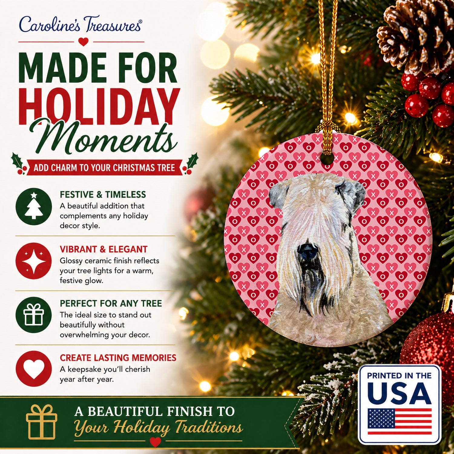 Wheaten Terrier Soft Coated Hearts Love Valentine's Ceramic Ornament Christmas Tree Hanging Decorations for Home Christmas Holiday, Party, Gift, 3 in, Multicolor