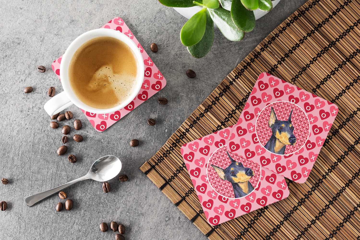 Doberman Hearts Love and Valentine's Day Portrait Foam Coasters Set of 4 Cup Coasters for Indoor Outdoor, Tabletop Protection, Anti Slip, Mouse pad Material