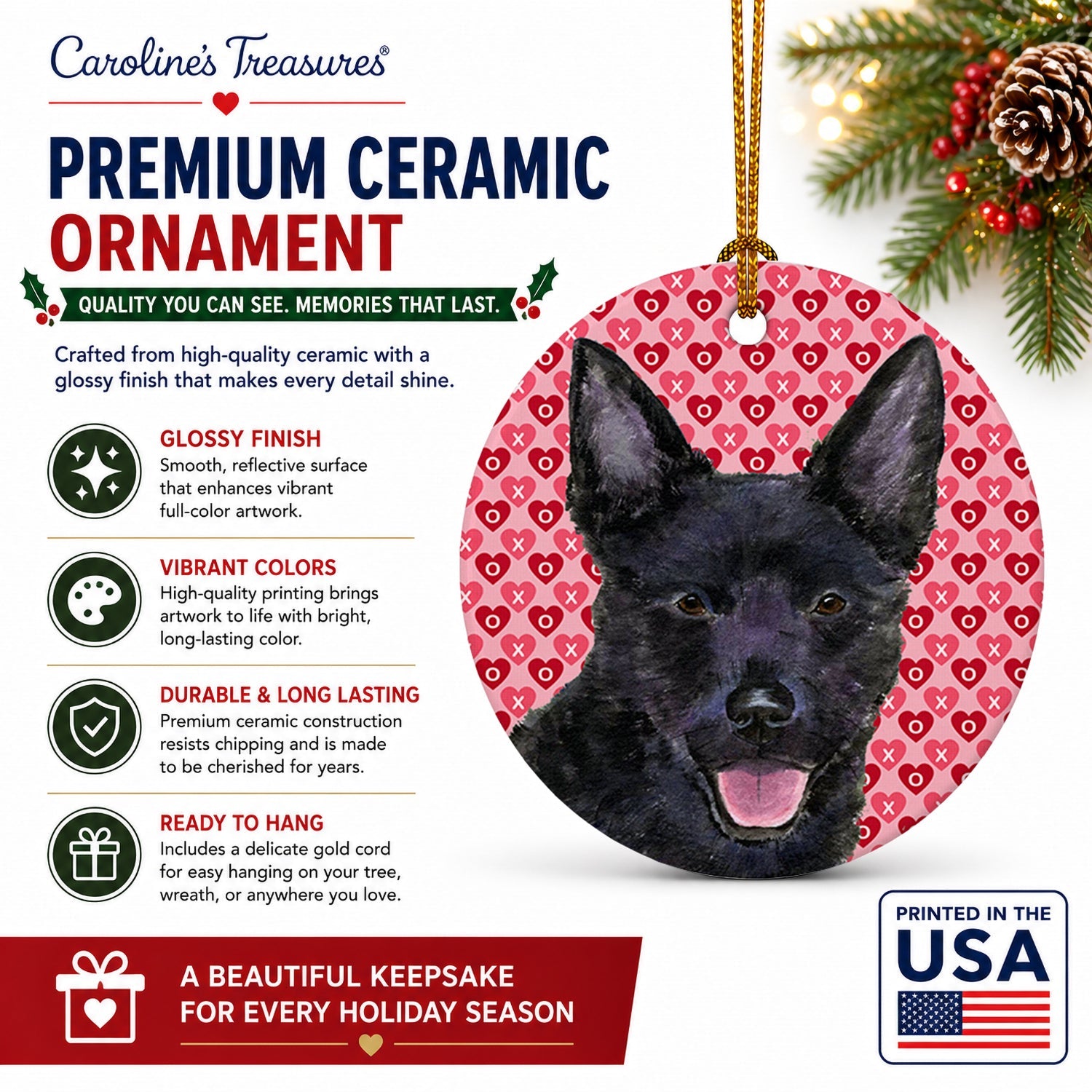 Australian Kelpie Hearts Love Valentine's Day Ceramic Ornament Christmas Tree Hanging Decorations for Home Christmas Holiday, Party, Gift, 3 in, Multicolor