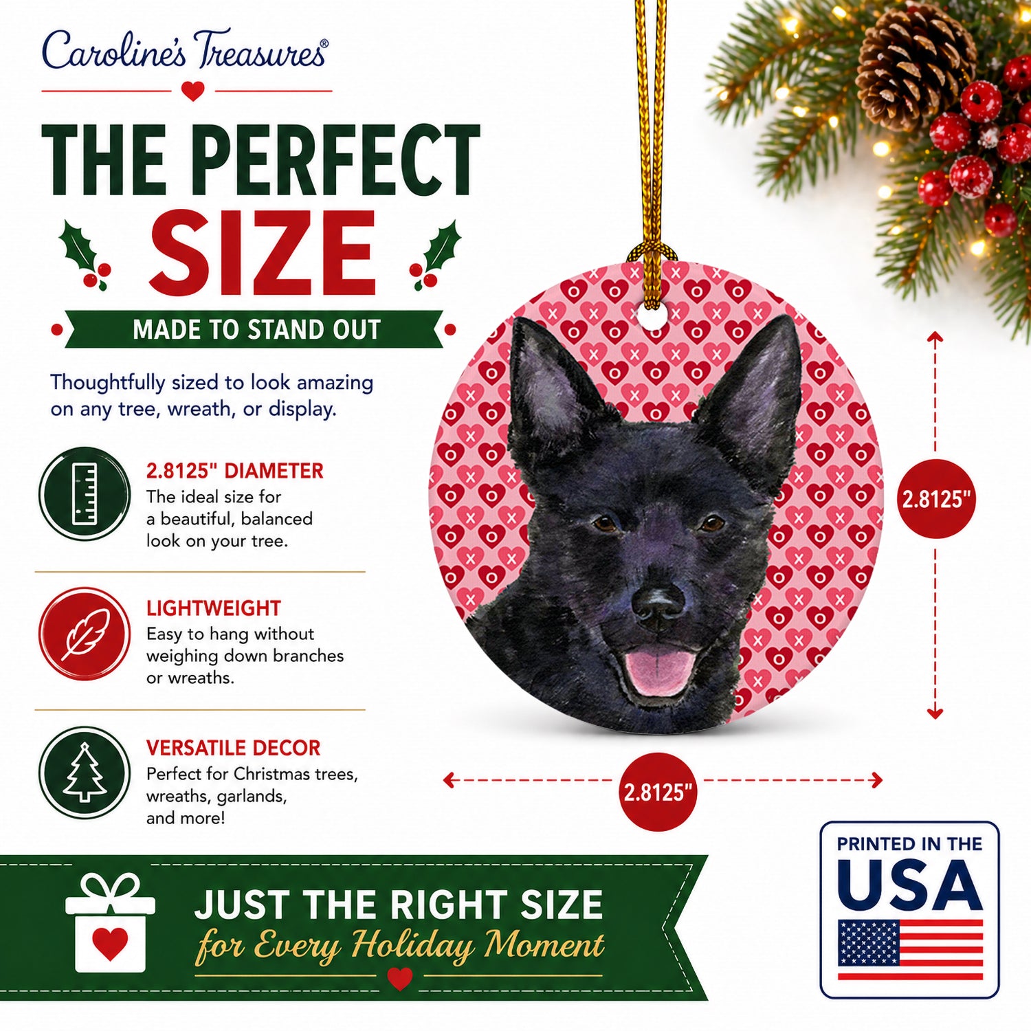 Australian Kelpie Hearts Love Valentine's Day Ceramic Ornament Christmas Tree Hanging Decorations for Home Christmas Holiday, Party, Gift, 3 in, Multicolor