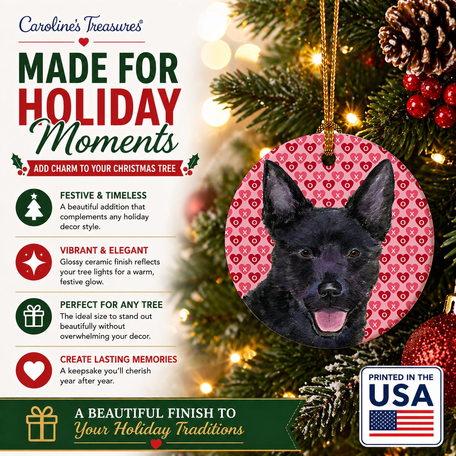 Australian Kelpie Hearts Love Valentine's Day Ceramic Ornament Christmas Tree Hanging Decorations for Home Christmas Holiday, Party, Gift, 3 in, Multicolor