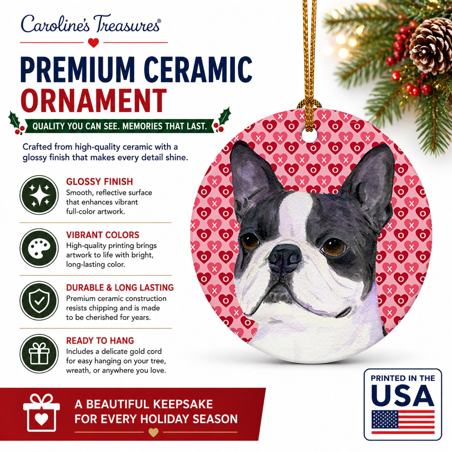 Boston Terrier Hearts Love Valentine's Day Ceramic Ornament Christmas Tree Hanging Decorations for Home Christmas Holiday, Party, Gift, 3 in, Multicolor