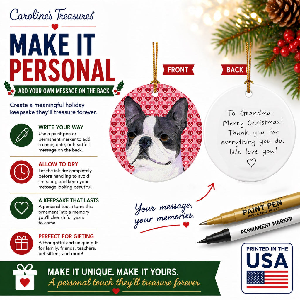 Boston Terrier Hearts Love Valentine's Day Ceramic Ornament Christmas Tree Hanging Decorations for Home Christmas Holiday, Party, Gift, 3 in, Multicolor