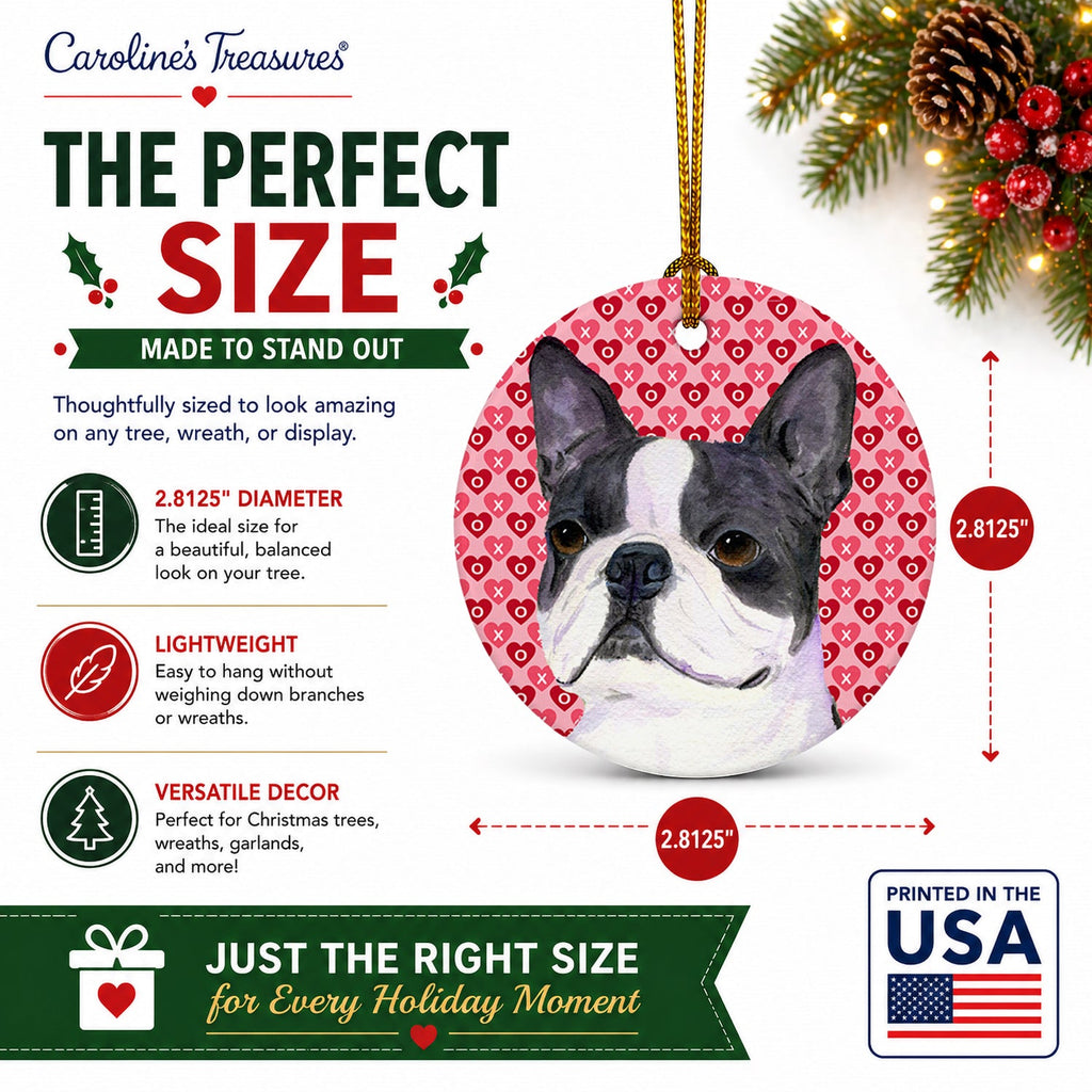 Boston Terrier Hearts Love Valentine's Day Ceramic Ornament Christmas Tree Hanging Decorations for Home Christmas Holiday, Party, Gift, 3 in, Multicolor