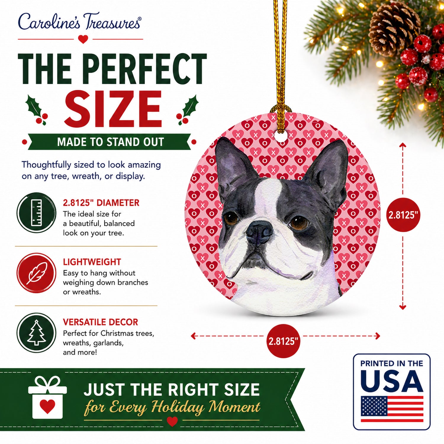 Boston Terrier Hearts Love Valentine's Day Ceramic Ornament Christmas Tree Hanging Decorations for Home Christmas Holiday, Party, Gift, 3 in, Multicolor