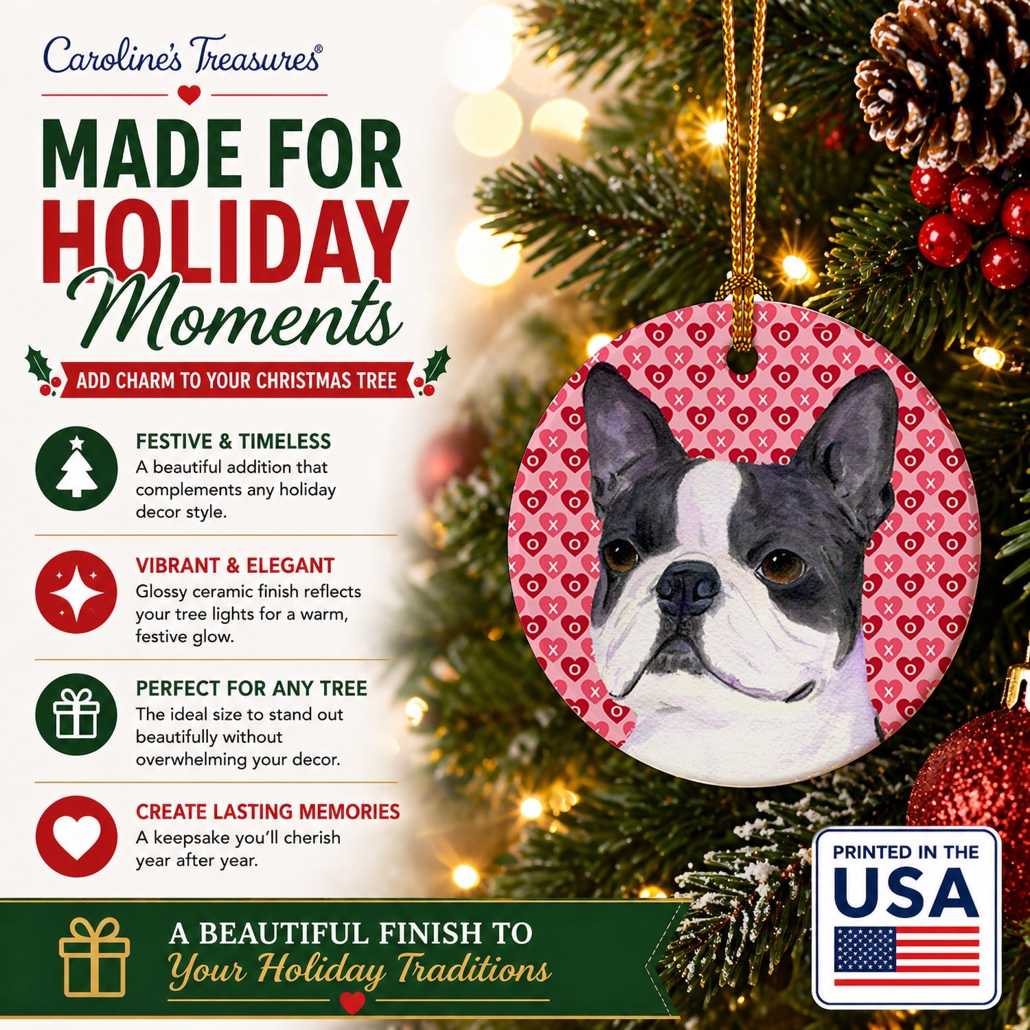 Boston Terrier Hearts Love Valentine's Day Ceramic Ornament Christmas Tree Hanging Decorations for Home Christmas Holiday, Party, Gift, 3 in, Multicolor