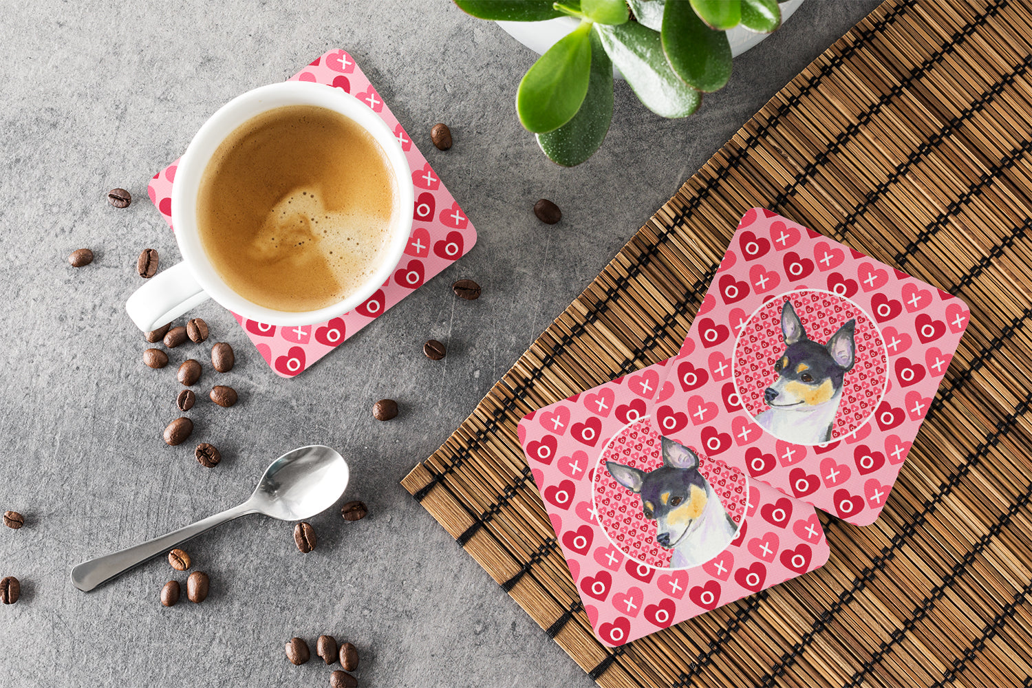 Chihuahua Hearts Love and Valentine's Day Portrait Foam Coasters Set of 4 Cup Coasters for Indoor Outdoor, Tabletop Protection, Anti Slip, Mouse pad Material