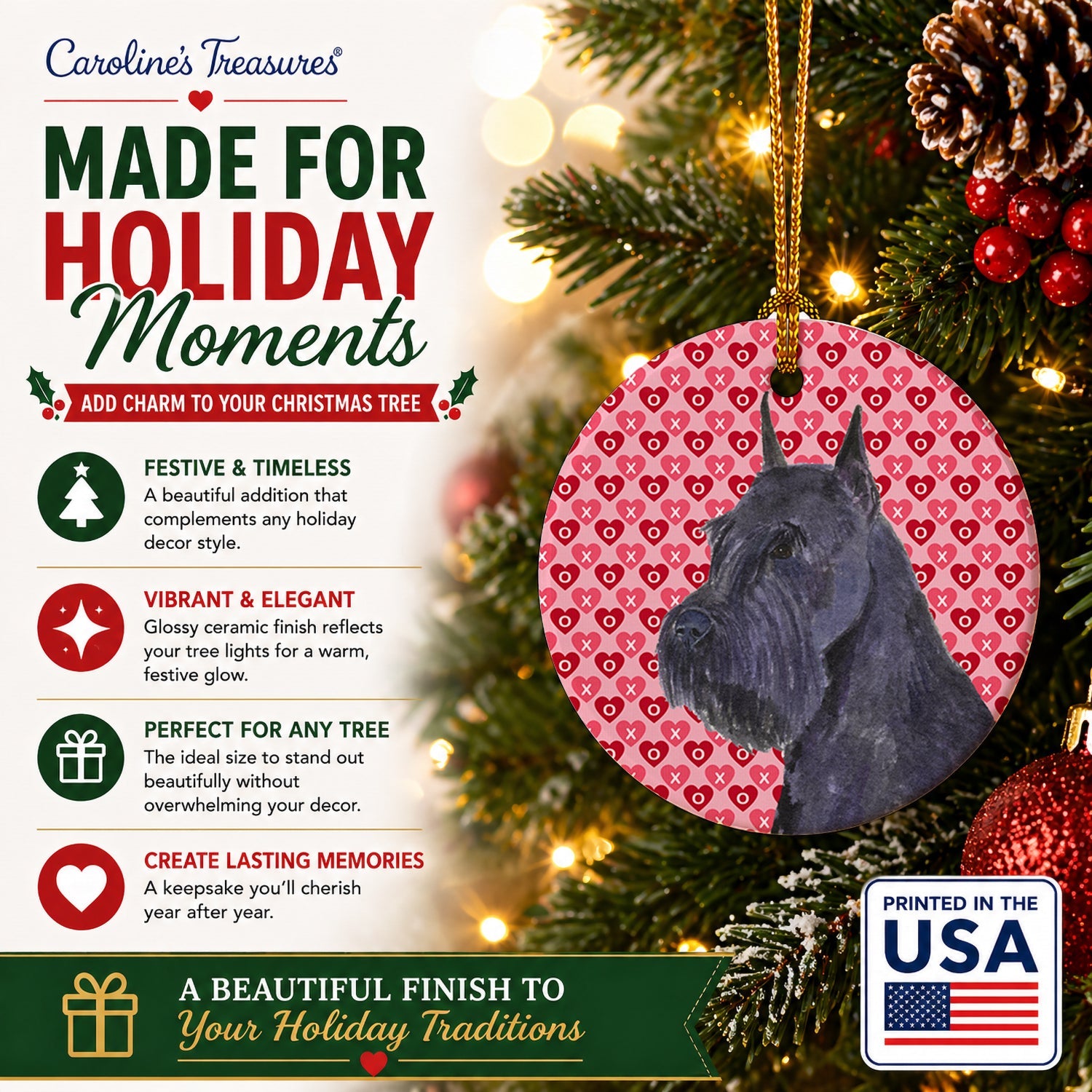 Schnauzer Hearts Love and Valentine's Day Portrait Ceramic Ornament Christmas Tree Hanging Decorations for Home Christmas Holiday, Party, Gift, 3 in, Multicolor