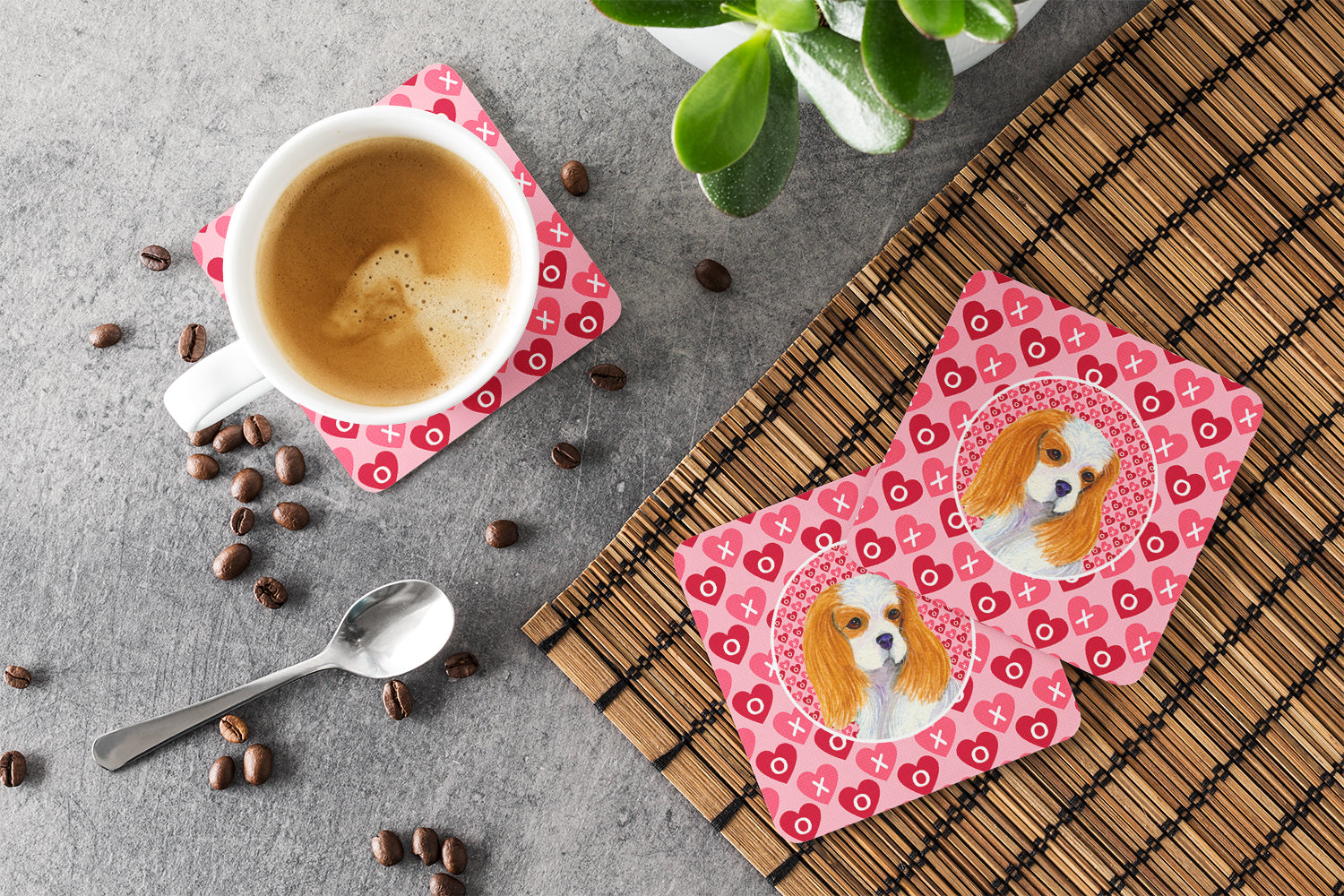 Cavalier Spaniel Hearts Love and Valentine's Day Portrait Foam Coasters Set of 4 Cup Coasters for Indoor Outdoor, Tabletop Protection, Anti Slip, Mouse pad Material