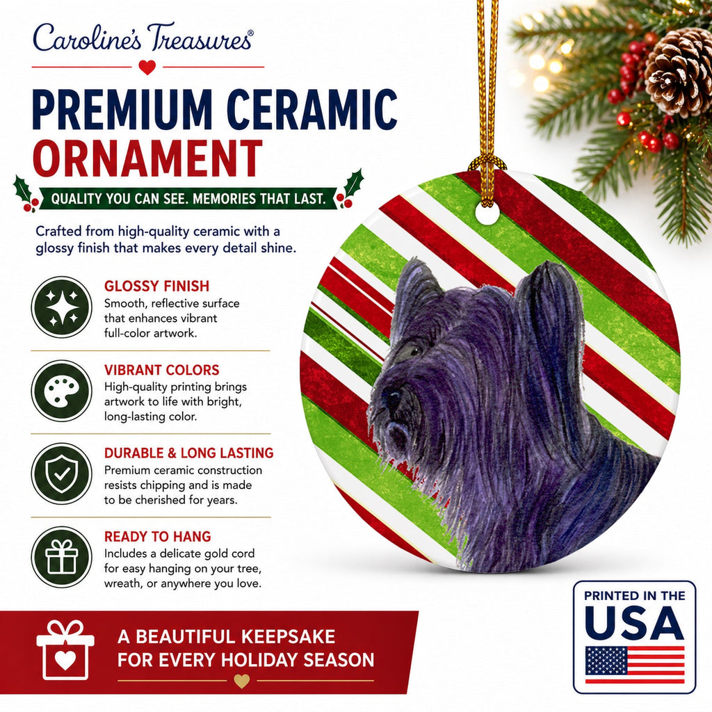 Skye Terrier Candy Cane Holiday Christmas Ceramic Ornament Christmas Tree Hanging Decorations for Home Christmas Holiday, Party, Gift, 3 in, Multicolor