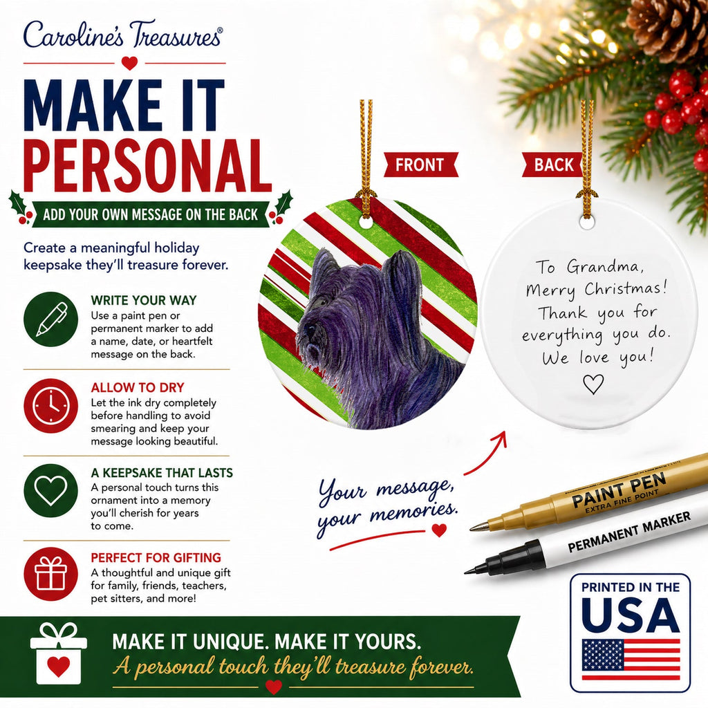 Skye Terrier Candy Cane Holiday Christmas Ceramic Ornament Christmas Tree Hanging Decorations for Home Christmas Holiday, Party, Gift, 3 in, Multicolor