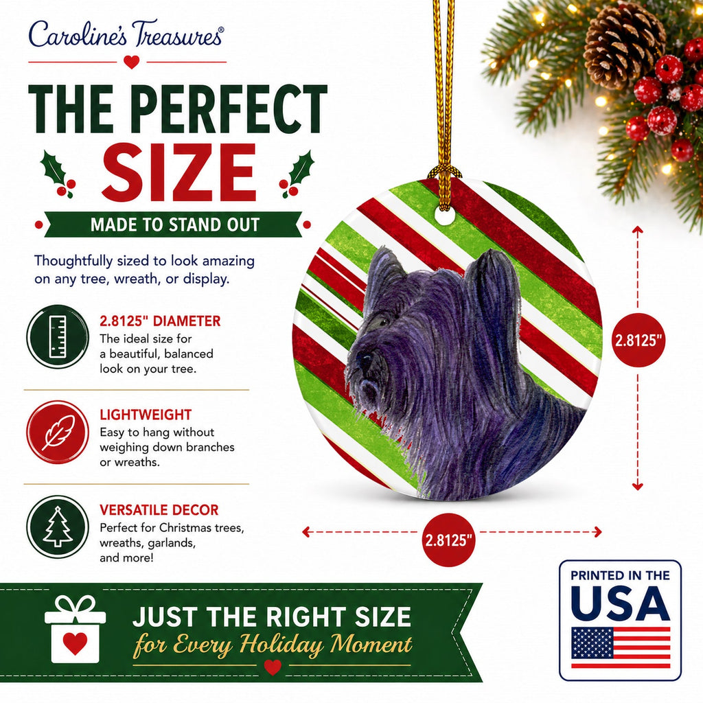 Skye Terrier Candy Cane Holiday Christmas Ceramic Ornament Christmas Tree Hanging Decorations for Home Christmas Holiday, Party, Gift, 3 in, Multicolor