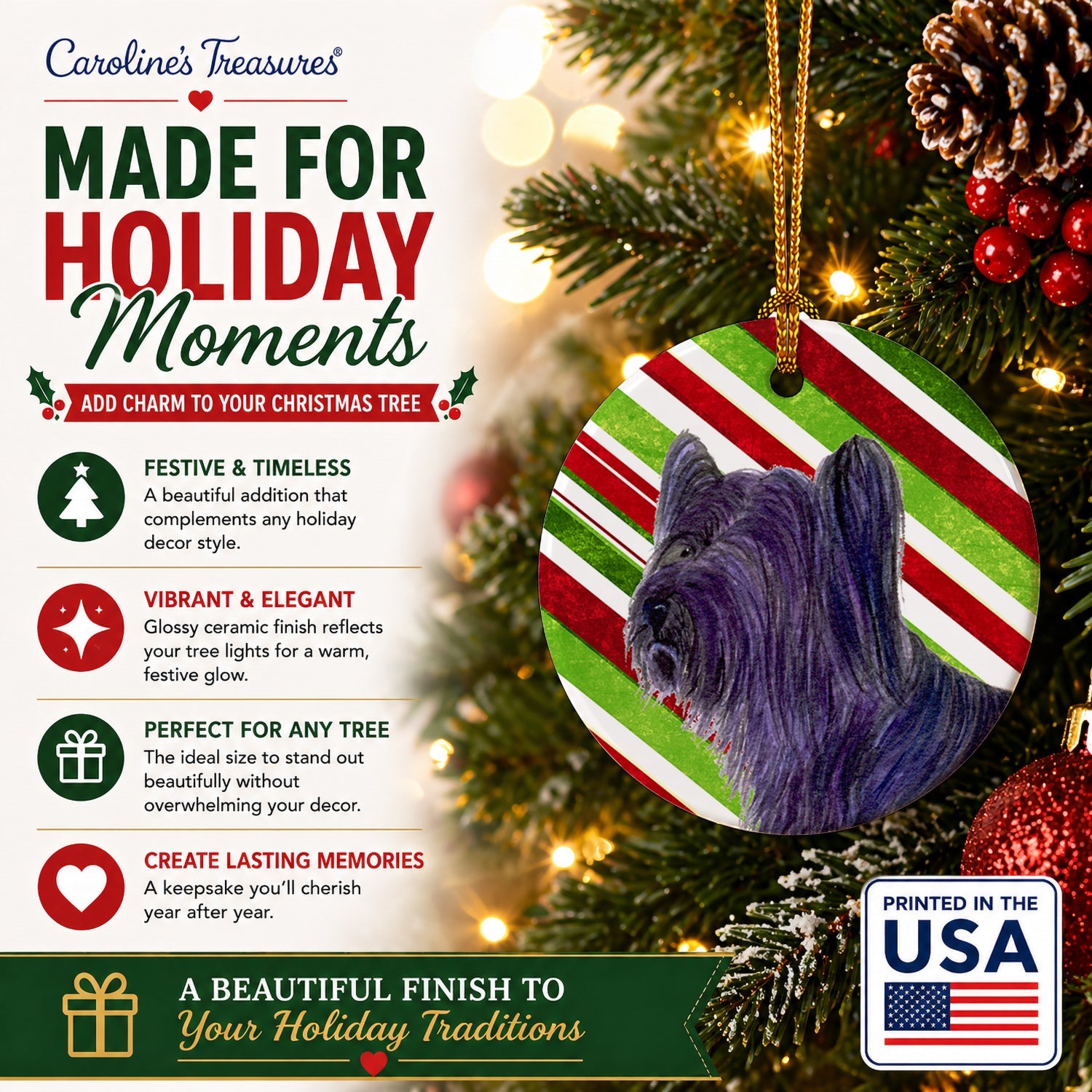 Skye Terrier Candy Cane Holiday Christmas Ceramic Ornament Christmas Tree Hanging Decorations for Home Christmas Holiday, Party, Gift, 3 in, Multicolor