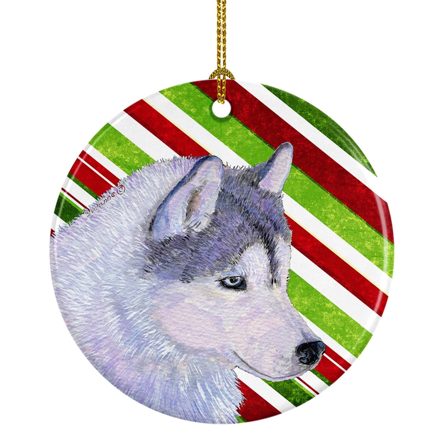 Siberian Husky Candy Cane Holiday Christmas Ceramic Ornament Christmas Tree Hanging Decorations for Home Christmas Holiday, Party, Gift, 3 in, Multicolor