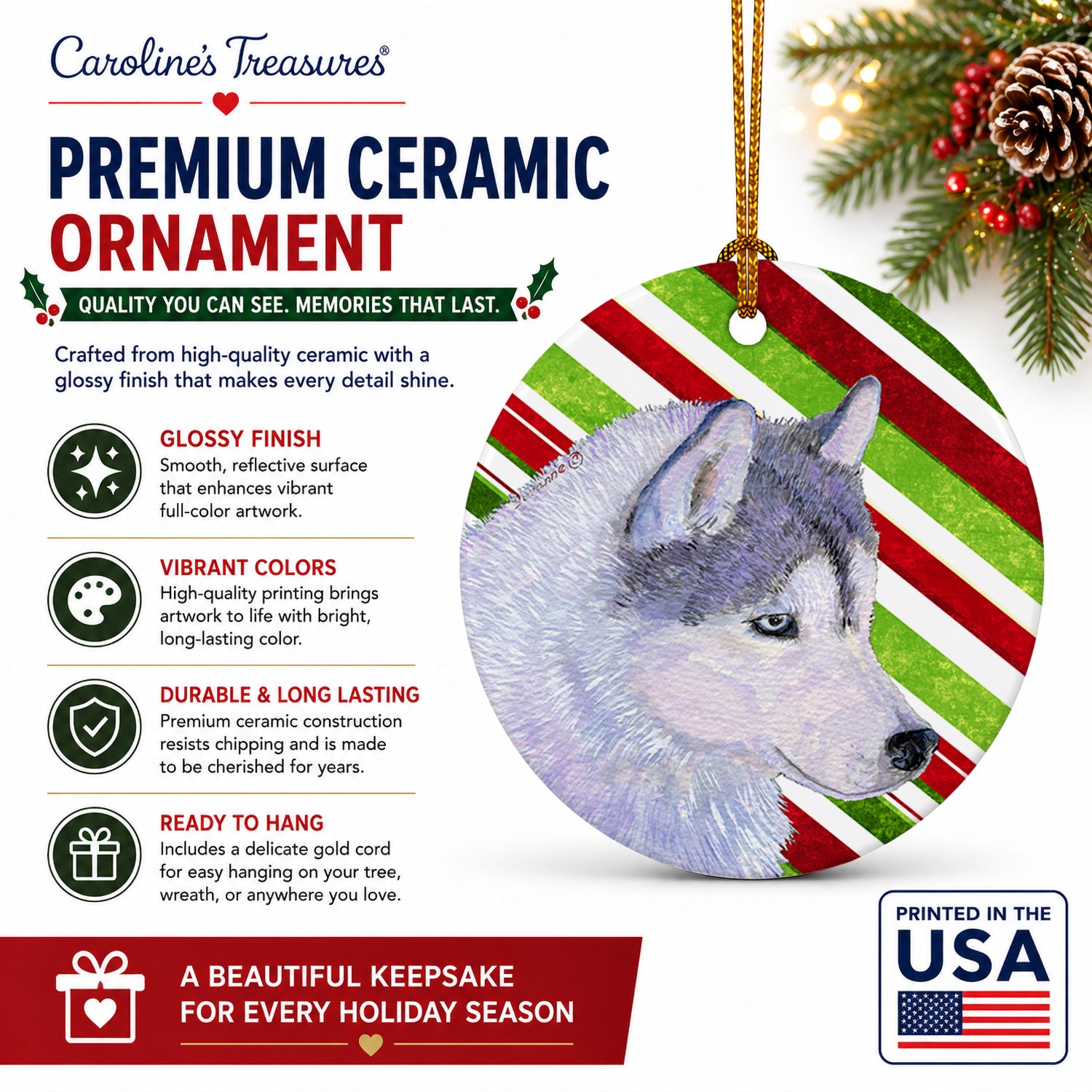 Siberian Husky Candy Cane Holiday Christmas Ceramic Ornament Christmas Tree Hanging Decorations for Home Christmas Holiday, Party, Gift, 3 in, Multicolor