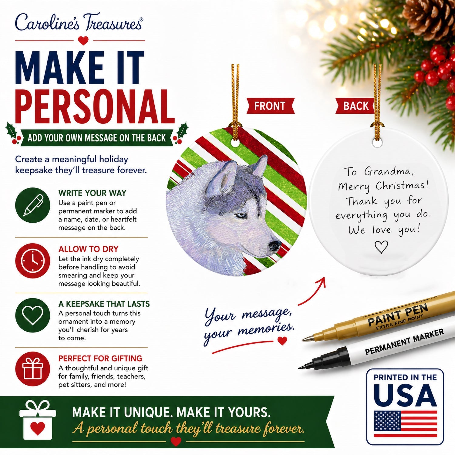 Siberian Husky Candy Cane Holiday Christmas Ceramic Ornament Christmas Tree Hanging Decorations for Home Christmas Holiday, Party, Gift, 3 in, Multicolor