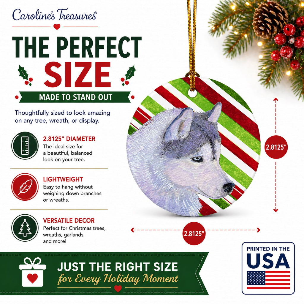 Siberian Husky Candy Cane Holiday Christmas Ceramic Ornament Christmas Tree Hanging Decorations for Home Christmas Holiday, Party, Gift, 3 in, Multicolor