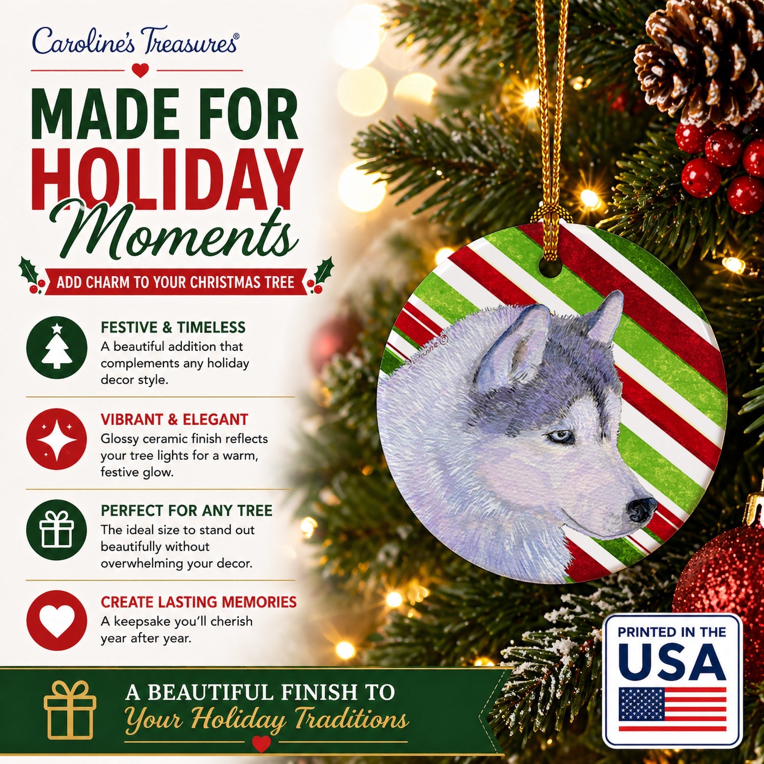 Siberian Husky Candy Cane Holiday Christmas Ceramic Ornament Christmas Tree Hanging Decorations for Home Christmas Holiday, Party, Gift, 3 in, Multicolor