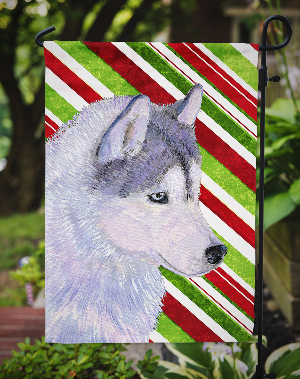 Siberian Husky Candy Cane Holiday Christmas Garden Flag Mailbox Decorative Yard Banner Outside Patio Artwork for Flower Beds, Garden Size, Multicolor