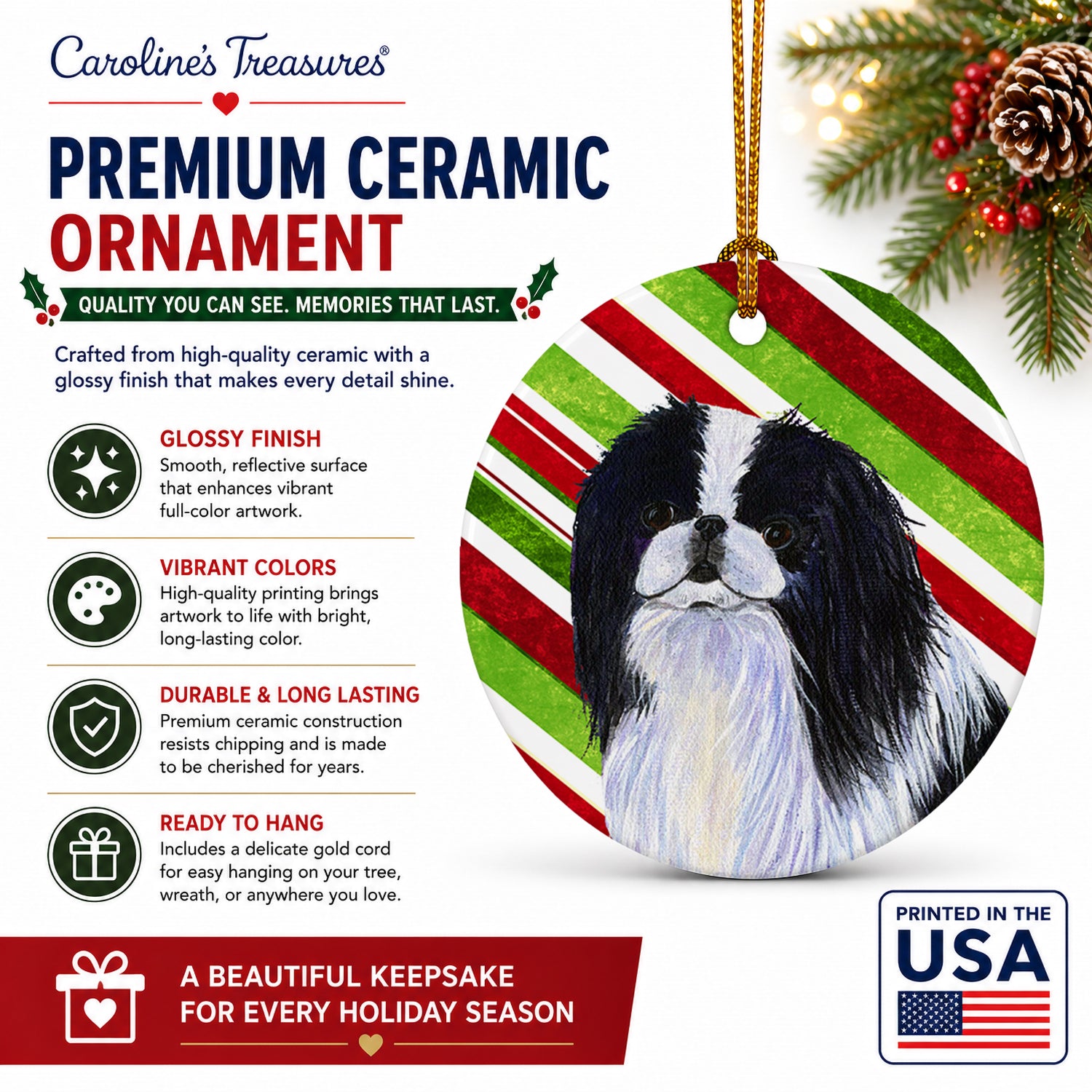 Japanese Chin Candy Cane Holiday Christmas Ceramic Ornament Christmas Tree Hanging Decorations for Home Christmas Holiday, Party, Gift, 3 in, Multicolor