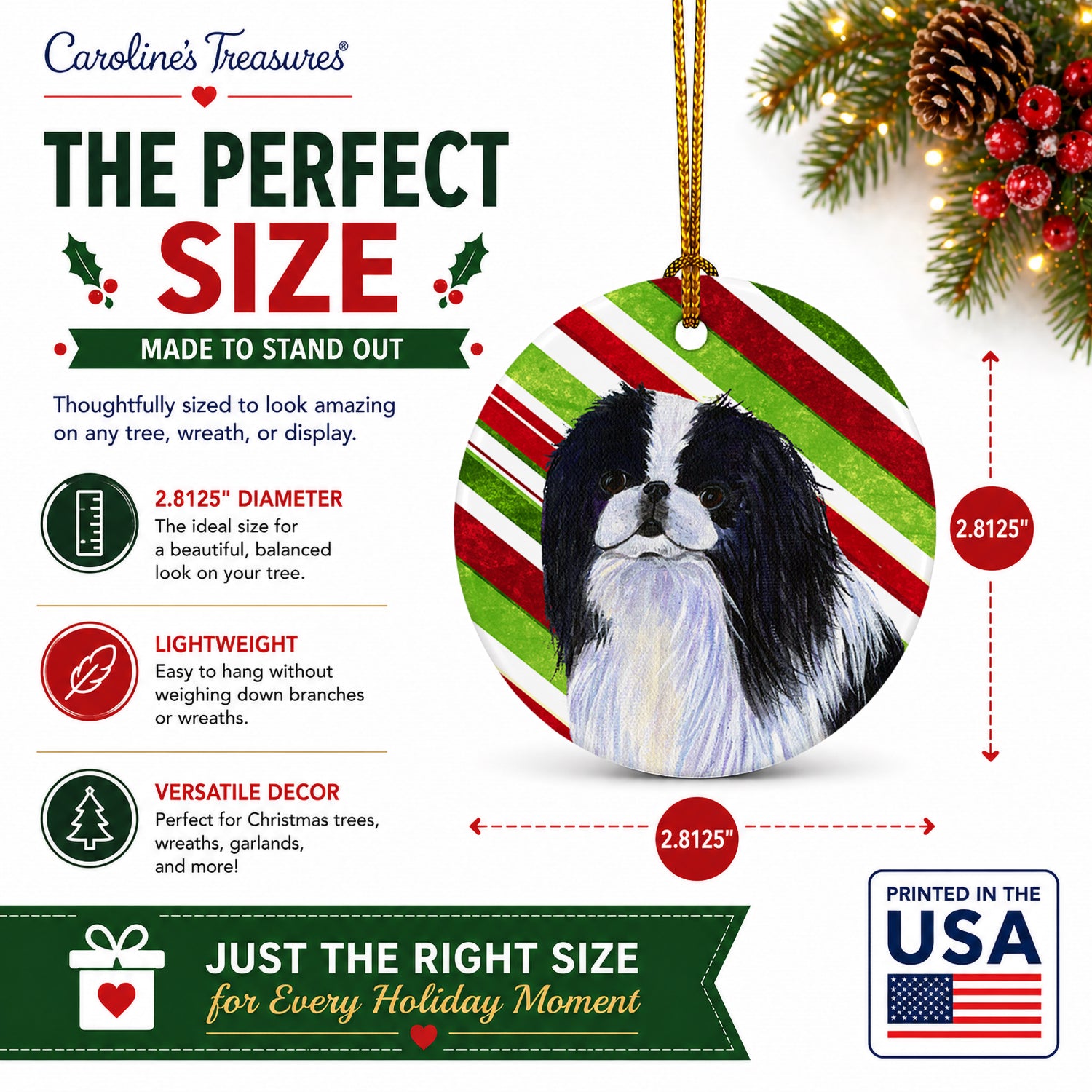 Japanese Chin Candy Cane Holiday Christmas Ceramic Ornament Christmas Tree Hanging Decorations for Home Christmas Holiday, Party, Gift, 3 in, Multicolor