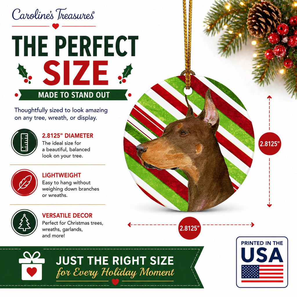 Doberman Candy Cane Holiday Christmas Ceramic Ornament Christmas Tree Hanging Decorations for Home Christmas Holiday, Party, Gift, 3 in, Multicolor